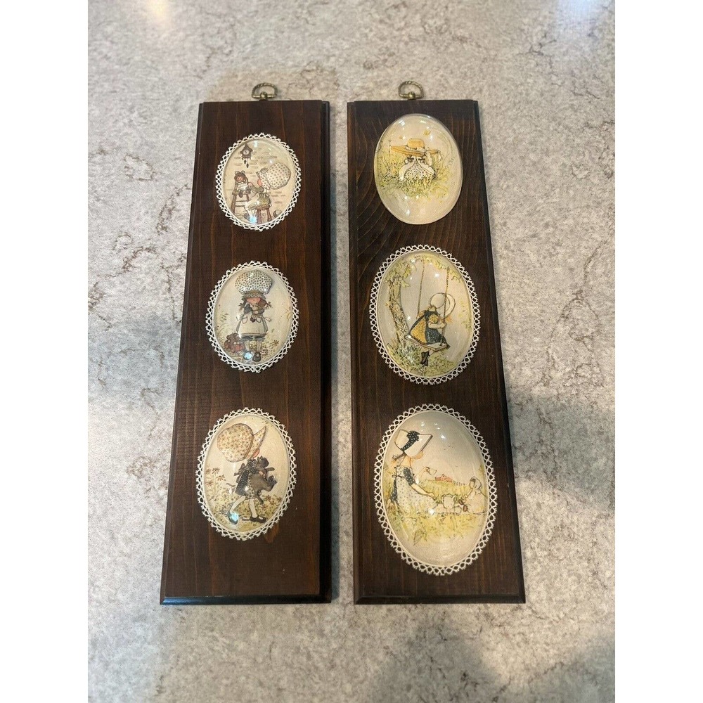 Vintage Set Of 2 Holly Hobbie 3D Bubble Wood Decorations Wall Plaque 1970's
